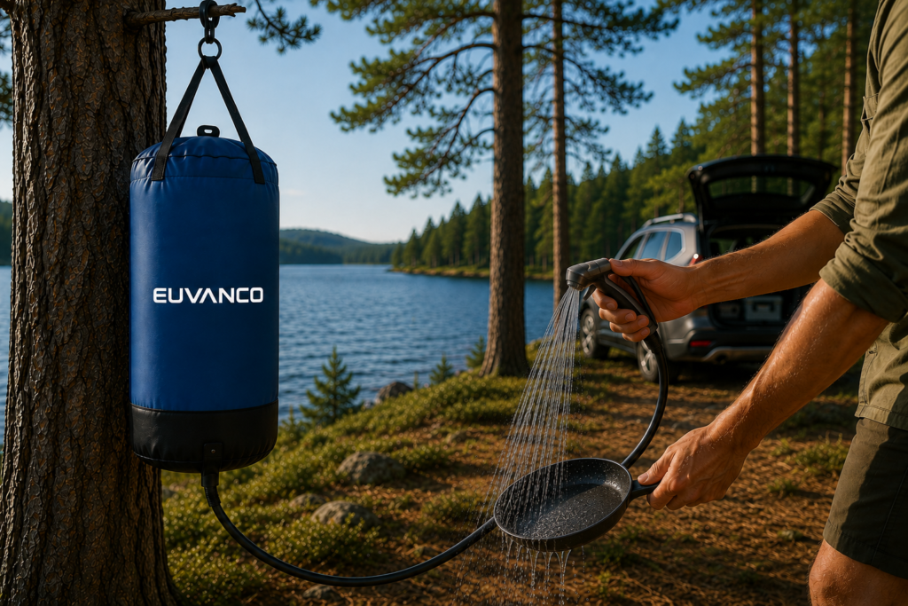 Portable camping shower for vehicle-based outdoor use