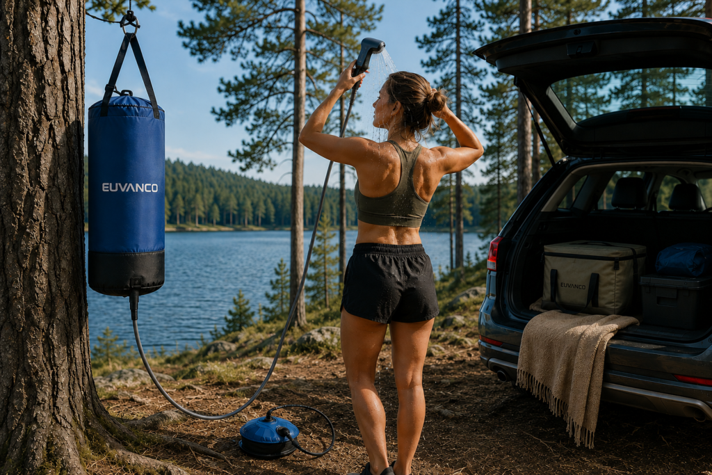 Products Portable camping shower used beside an SUV at a lakeside campsite