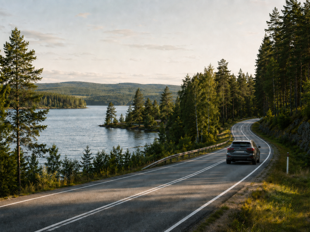 About Car on a forest road beside a lake in Finland